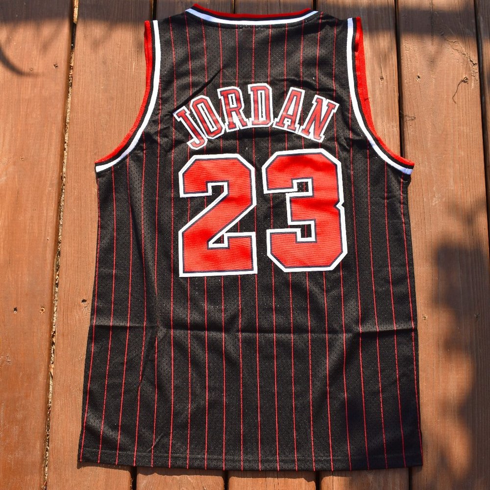 New!! Michael Jordan Chicago Bulls BLACK Pinstripe Basketball Jersey Men's